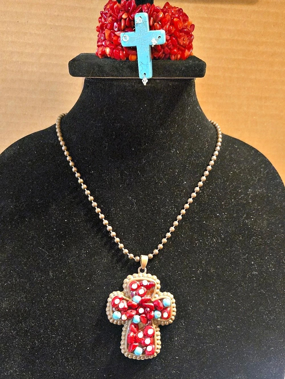 Beaded Cross Pendant Necklace in Red & Turquoise Like New